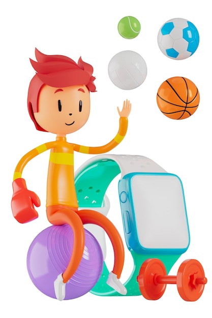 Persona personaje de dibujos animados niño y niña con objetos deportivos 3d ilustración fitness actividad acción hombre en un juego deportivo concepto saludable 3d ejercicio de pelota actionsmartphone smartwatch design