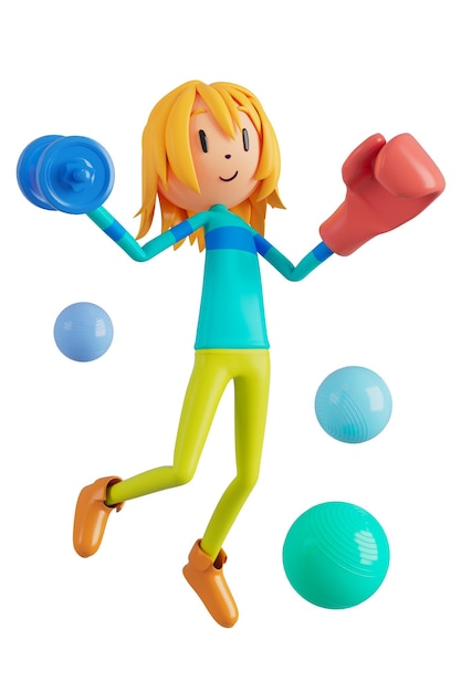 Persona personaje de dibujos animados niño y niña con objetos deportivos 3d ilustración fitness actividad acción hombre en un juego deportivo concepto saludable 3d ejercicio de pelota actionsmartphone smartwatch design