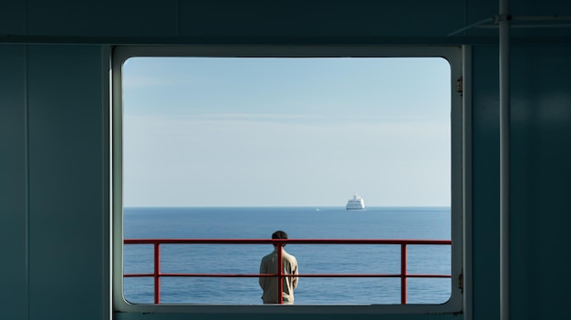 una persona de pie en un barco mirando hacia el océano