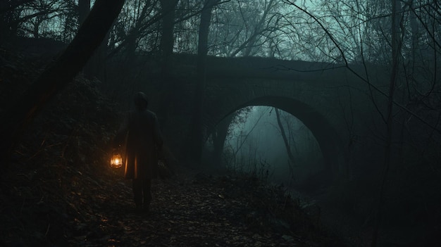 persona de pie en un bosque oscuro sosteniendo una linterna para iluminar los alrededores