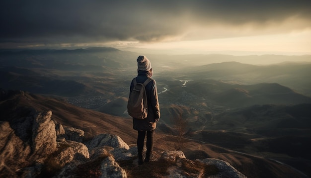 Una persona de pie en la cima del éxito de mochileros en la cima de la montaña generado por IA