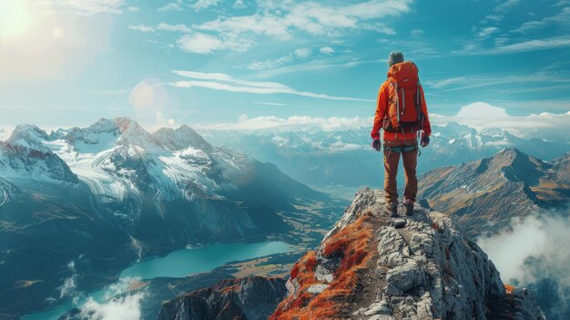 Persona de pie en la cima de una montaña al atardecer