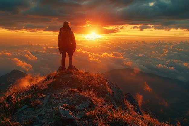 Persona de pie en la cima de la montaña al atardecer