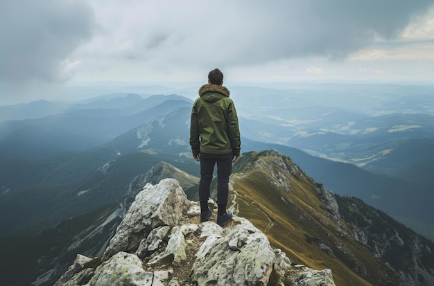 Persona de pie en la cima de la montaña majestuosa vista del mundo desde la cumbre