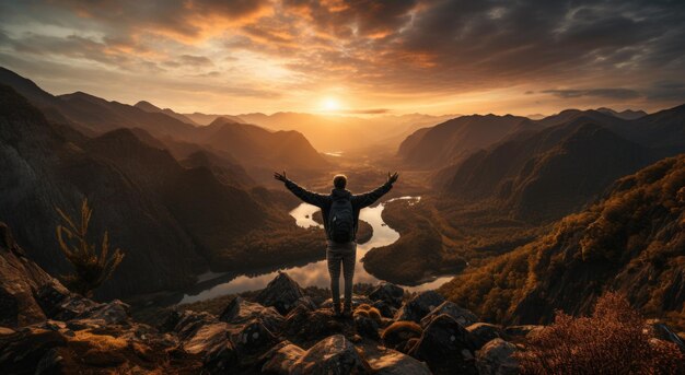 Una persona de pie en la cima de una montaña en la vista de la montaña al atardecer