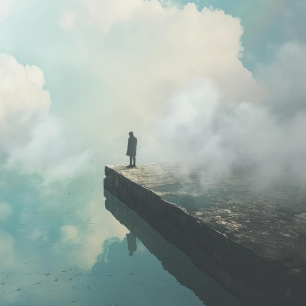 persona de pie en la cornisa de piedra contra las nubes blancas en el lago