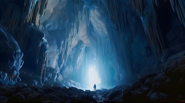 Una persona de pie en una cueva con una luz brillando a través de ella.