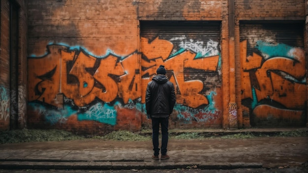 Persona de pie frente a una pared cubierta de graffiti AI generativa