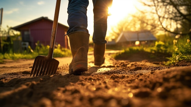 Persona de pie en un jardín con una pala rodeada de plantas jóvenes con la luz dorada de la puesta de sol en el fondo