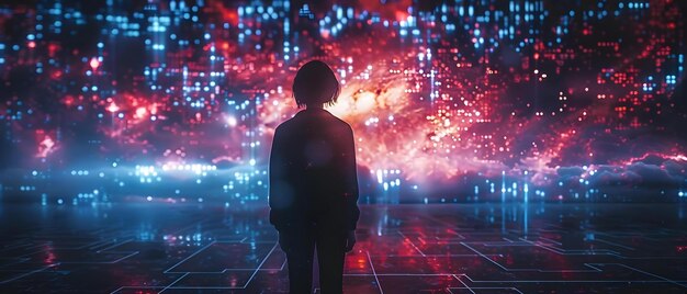 Una persona de pie junto a un gemelo digital mostrado en una pantalla futurista Tecnología conceptual Realidad virtual Gemelo digital Muestra futurista Futuro de la comunicación