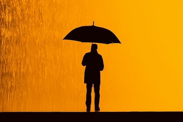 una persona de pie bajo la lluvia con una silueta de paraguas generada por la IA