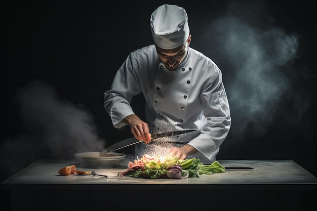 Foto una persona de pie maniobrando hábilmente con el tenedor y el cuchillo ar 32