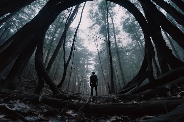 Una persona de pie en medio de un bosque oscuro