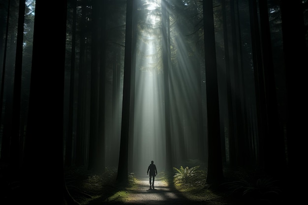 una persona de pie en el medio de un bosque oscuro