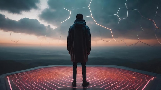 Una persona de pie en el medio del cielo circuito de luz hexagonal en colores sombríos