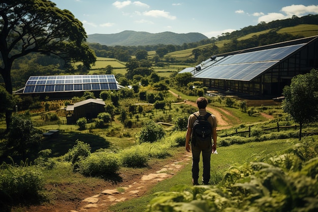 persona de pie mirando una granja con paneles solares granja con energía sostenible