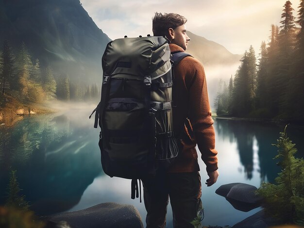 Foto una persona de pie con la mochila en la exploración de la belleza de la naturaleza