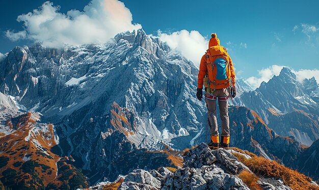 una persona de pie en una montaña con una mochila en la espalda