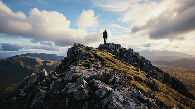 una persona de pie en una montaña rocosa