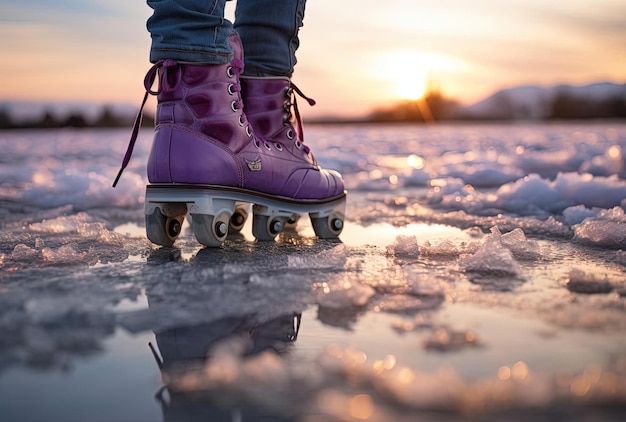 Foto una persona está de pie en los patines de hielo durante el día en el estilo de plata oscura y púrpura