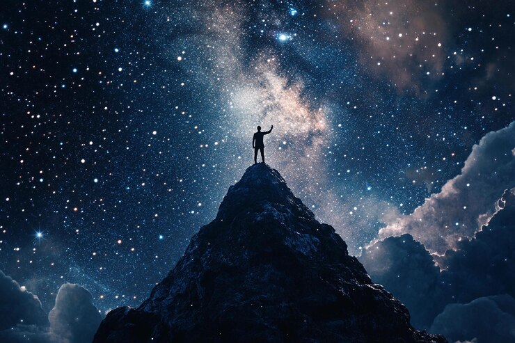 Persona de pie en un pico de montaña bajo un cielo nocturno estrellado con una galaxia vibrante en el fondo
