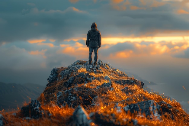 Persona de pie en el pico de la montaña