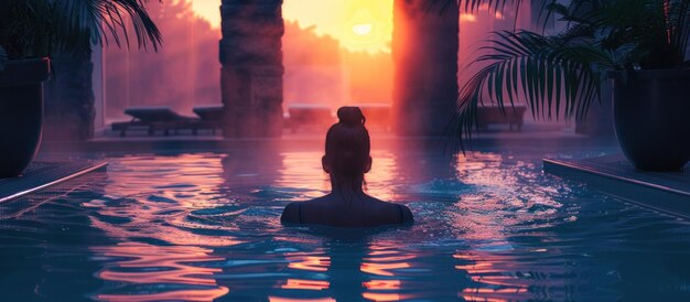 Foto persona de pie en la piscina al atardecer