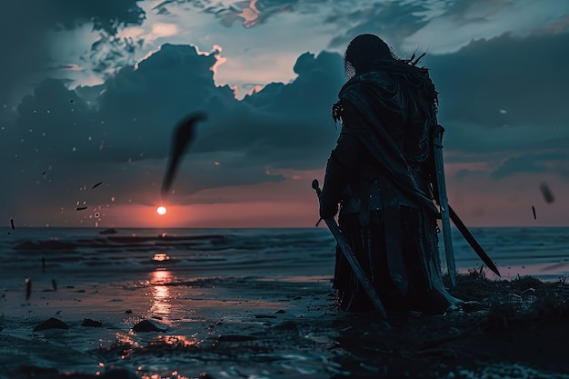 Una persona de pie en una playa al atardecer