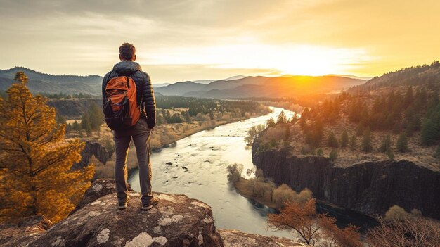 Foto una persona de pie en una roca con vistas a un río