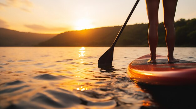 Persona de pie en una tabla de paddle standup SUP remando hacia la puesta de sol en el lago