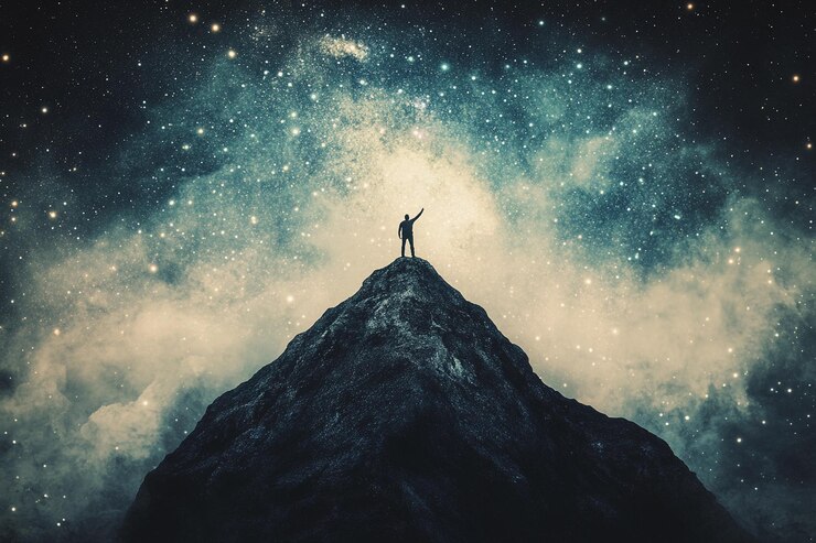 Persona de pie triunfante en un pico de montaña bajo un cielo nocturno estrellado lleno de galaxias giratorias