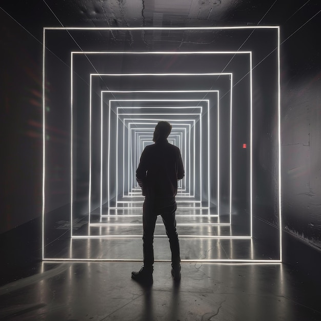 una persona de pie en un túnel con luces
