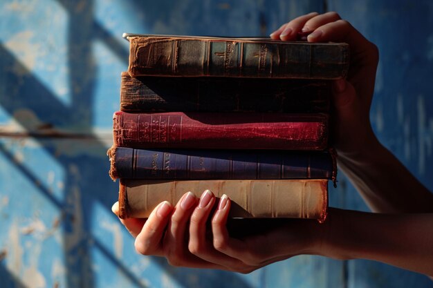 Foto una persona con una pila de libros ia generativa