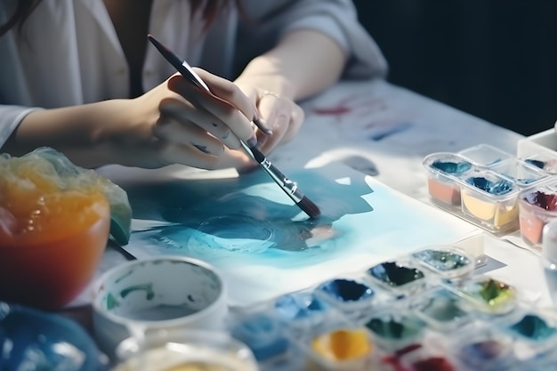 Una persona pintando un cuadro con acuarelas sobre una mesa.