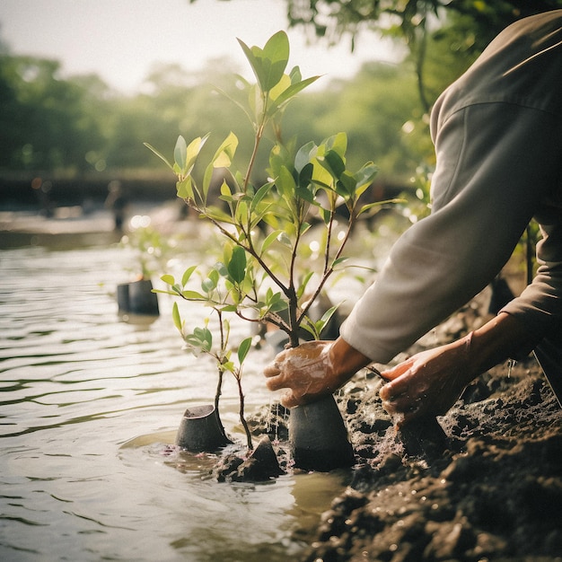 Una persona plantando un árbol en el agua.