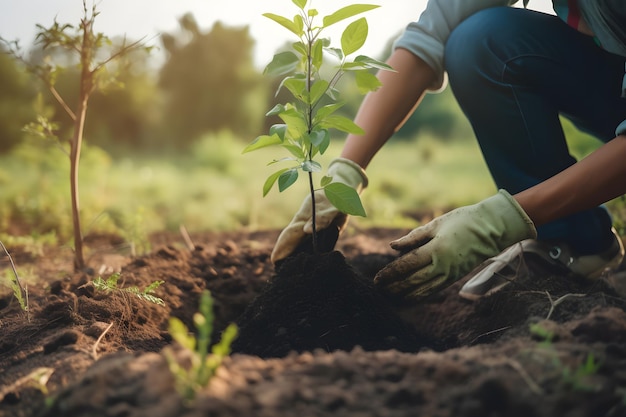 Una persona plantando un árbol en un jardín.