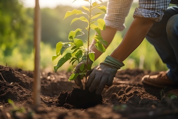 Una persona plantando un árbol en un jardín.