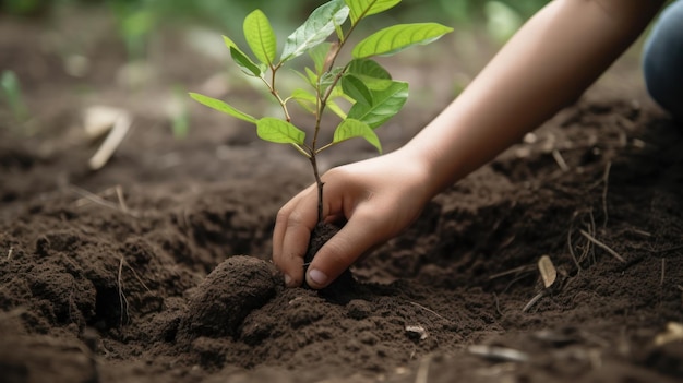 Una persona plantando un árbol en un jardín.