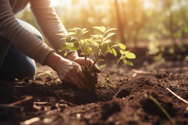 Una persona plantando un árbol en un jardín.