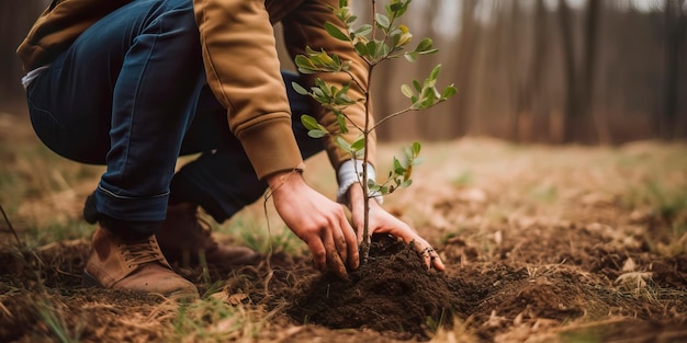 Foto persona plantando un árbol con un mensaje sobre el día de la tierra y la importancia de la reforestación ia generativa