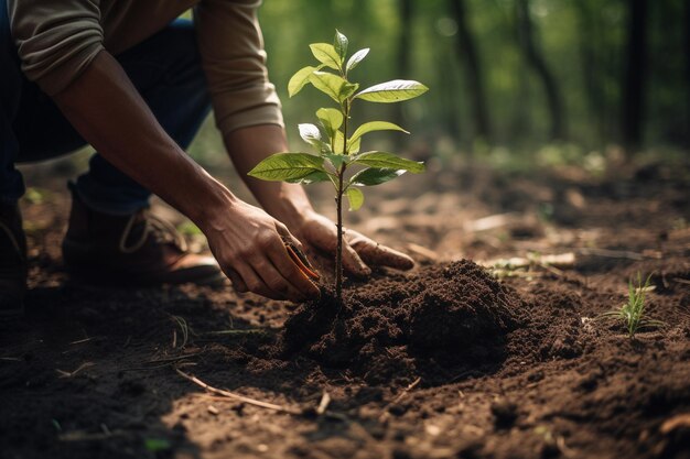 Persona plantando un árbol con mensaje sobre el Día de la Tierra y la importancia de la reforestación