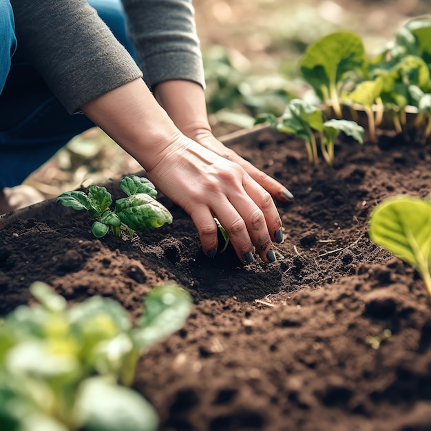 Una persona plantando un huerto en un día soleado.