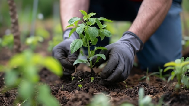 Persona plantando una planta con guantes