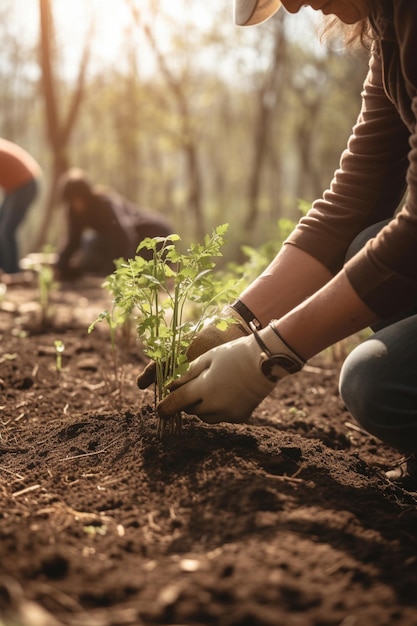 Foto una persona plantando una planta en un jardín.