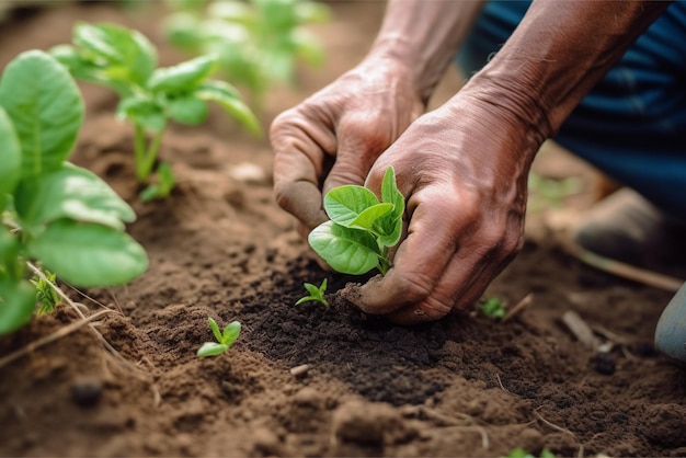 Una persona plantando una planta en un jardín.