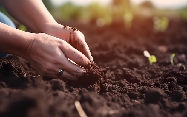 Una persona plantando plántulas en un jardín.