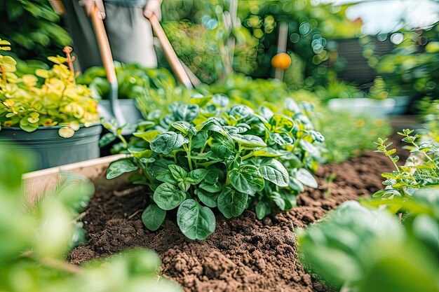 Persona plantando verduras de hoja y hierbas en el suelo del jardín con una pala