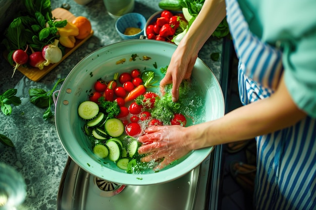 Persona con un plato de verduras Personas que trabajan en la feria Alimentos saludables y nutritivos