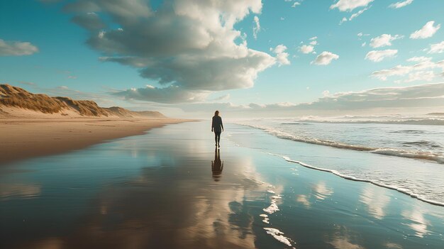 Persona en la playa con un hermoso cielo y océano en el fondo y el reflejo del viento