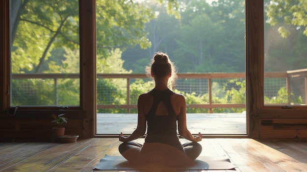 Una persona en una postura de yoga meditando en un estudio sereno o sesión de yoga al aire libre que muestra la conexión entre el movimiento físico, la respiración y la atención plena